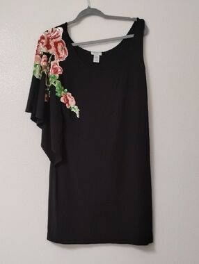 Black One-Shoulder Dress with Pink & Green Sequin Floral Applique